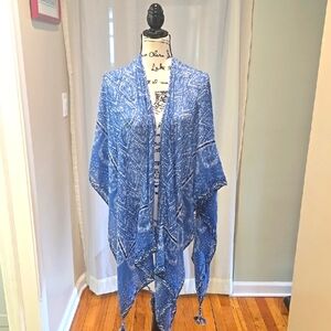 Blue/White Batik Shawl w/ Tasseled Corners, One Size, New